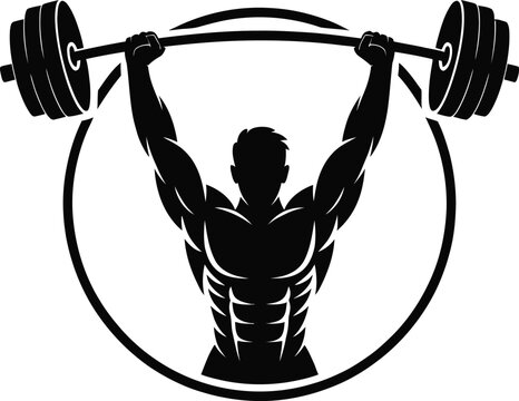 Dynamic bodybuilder silhouette lifting barbell in a circular emblem logo