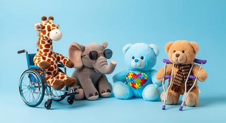 Diverse Group of Plush Toys Featuring Assistive Devices and Inclusion in a Playful Studio Shot