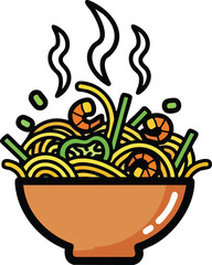 Steaming Bowl of Noodles With Shrimp and Vegetables In A Cartoon Style Illustration