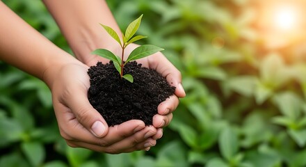 Nurturing new life as hands hold a green seedling in rich earth, a powerful concept for environmental protection and sustainable growth