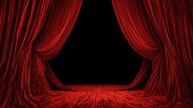 Red velvet curtains creating a dramatic backdrop for a movie scene in a theater filled with anticipation and excitement during a film screening event