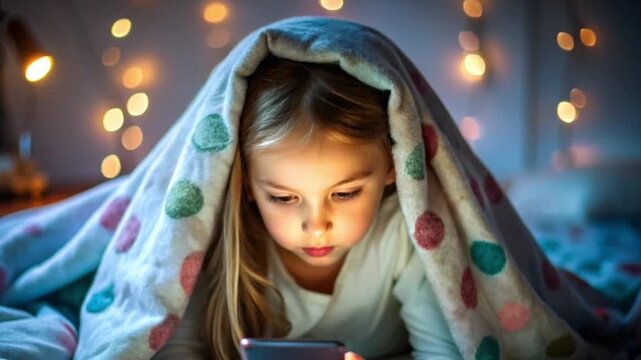 女の子が寝室で横たわりながら毛布をかぶりスマートフォンを操作している