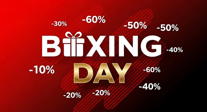Red and Gold Boxing Day Sale Announcement with Discount Percentages on Gradient