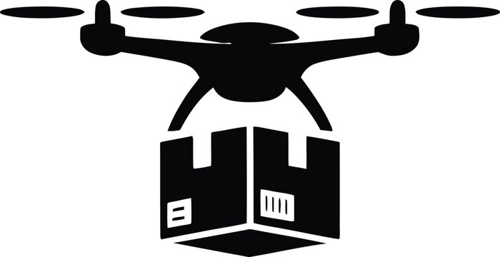 Modern drone delivering a package with logistics and shipping icons silhouette