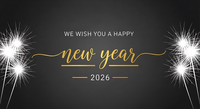 Festive greeting for a Happy New Year 2026 celebration with sparkling fireworks and elegant gold lettering on a black banner