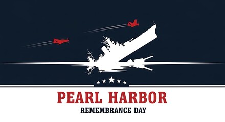 A patriotic banner honoring the memory of the naval base attack, with a graphic depiction of a battleship and military planes in combat
