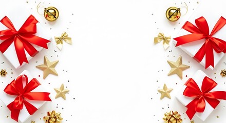 Festive Christmas Gift Boxes Adorned with Red Ribbons and Golden Stars on a White Background