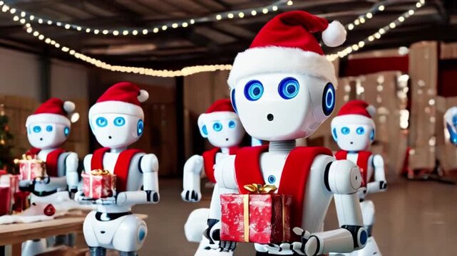 A group of Santa clause hat wearing robots with presents in a christmas festive in front of table christmas setting with string lights and decorations in warehouse created with generative ai	
