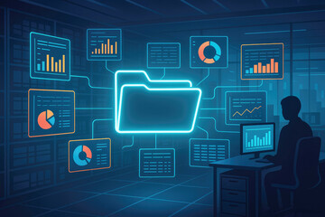 Person working with digital data folders and charts in a futuristic server room graphs