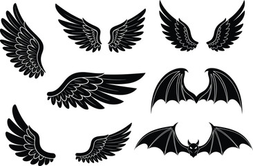 Black angel and bat wings vector set, detailed feather and demon wing silhouettes, fantasy illustration design for tattoo, logo, gothic art concept