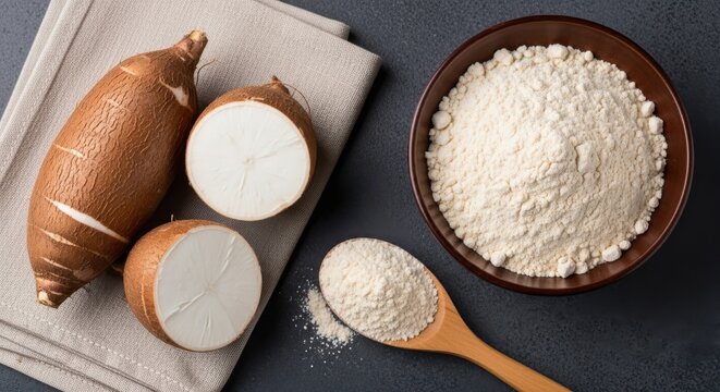 Raw cassava root and cassava flour in a bowl, showcasing ingredients for tapioca or starch production