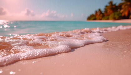 Close-up of gentle turquoise waves washing onto soft white sand under warm sunlight