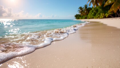 Soft waves gently touch the white sandy beach under a bright tropical sky with turquoise sea and palm trees