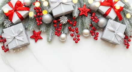 Festive holiday presents arranged with evergreen branches red berries and silver ornaments creating a seasonal textural display with bright cheerful lighting