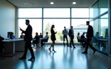 This photo captures a modern office space with several blurred figures of business professionals going about their work. The image conveys a sense of movement and activity within the workplace