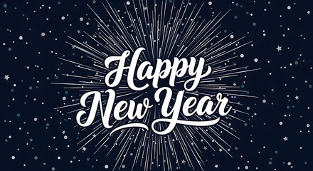 Vibrant Happy New Year greeting design with radiant fireworks, starbursts, and elegant typography on a festive dark blue background for celebrations