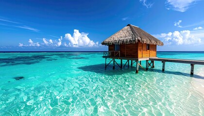 Tropical Overwater Bungalow With Thatched Roof And Wooden Pier Over Crystal Clear Turquoise Ocean Water Under A Brilliant Blue Sky With White Clouds