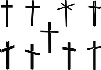 Black cross symbols vector illustration, religious faith sign, Christian crucifix icon set, minimalist spiritual design, isolated graphic elements for logo, tattoo, and decoration