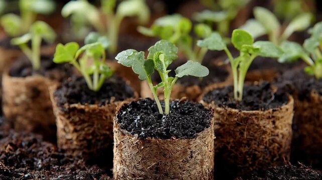 Closeup medium shot of young plant plugs emerging from small containers showcasing healthy seedling growth and root development.
