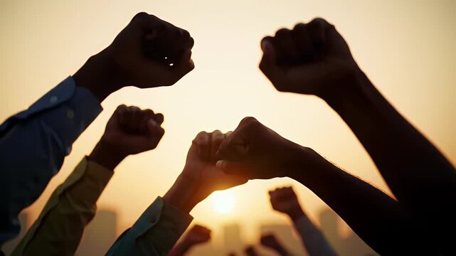 Silhouette Of People Raising Fists In Solidarity At Sunset Over City Skyline