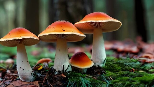White and orange cap mushrooms growing in the woods created with generative ai	
