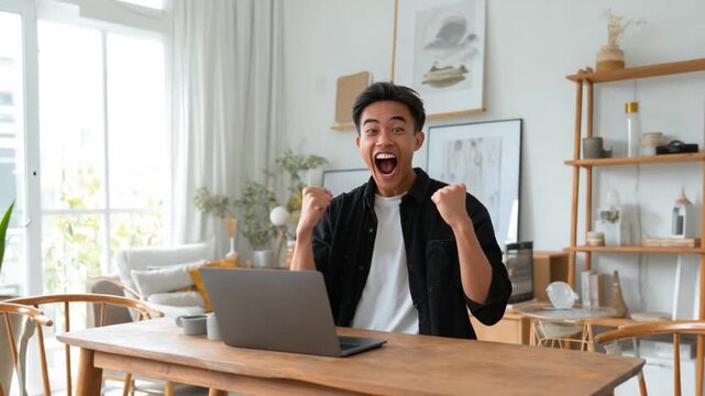 Triumphant Moment: A young man exudes excitement, celebrating a personal win while working at his desk, with a laptop open in front of him. Capturing the thrill of achievement.