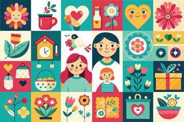 Fototapeta premium Cheerful flat design mosaic pattern of family, nature and home life