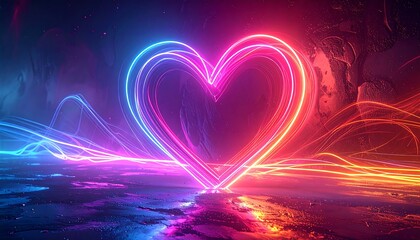 A large neon heart, pulsating with color, glows against a dark, textured background. Streams of light dance around it