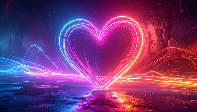 A large neon heart, pulsating with color, glows against a dark, textured background. Streams of light dance around it - Powered by Adobe