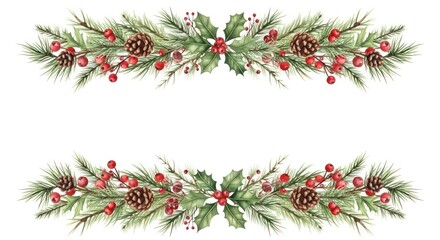 Watercolor christmas garland with evergreen boughs vibrant red berries and pinecones arranged on white background festive holiday decoration