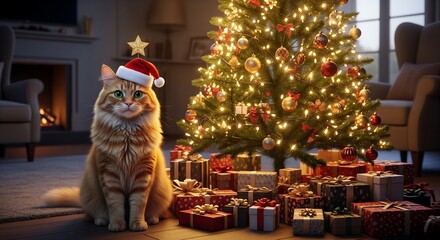 Adorable ginger cat in a festive Santa hat poses next to a beautifully lit Christmas tree