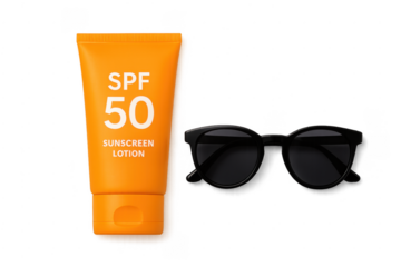 Sunscreen lotion and sunglasses for summer protection