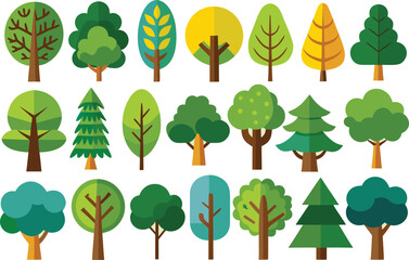 Fototapeta premium Diverse flat design tree icon set on light background, vector
