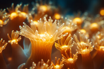 Mushroom coral polyps with luminescent tentacles glowing while feeding