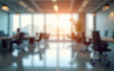 Blurred empty open space office. Abstract light bokeh at office interior background for design. High quality