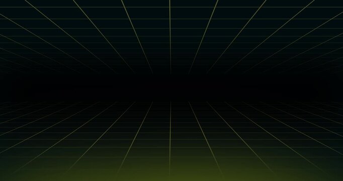 Retro double grid design that moves towards the dark background of the screen with lime green glitter at the bottom