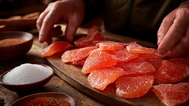 Medium shot of hands preparing candied pomelo rind on a rustic wooden table with sugar and spices arranged nearby.