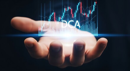 Hand holding a digital display of dca, representing dollar cost averaging
