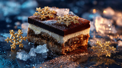 A rich dessert featuring layers of chocolate and cream sits on a frosty blue surface, adorned with decorative snowflakes, creating a festive winter vibe.