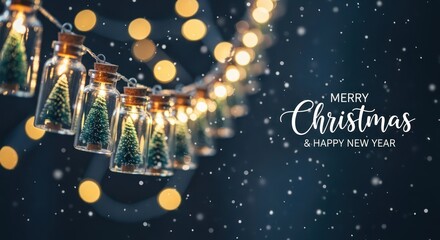 Christmas tree lights in decorative jars against a dark backdrop with snowfall effect creating a festive holiday atmosphere bokeh lights