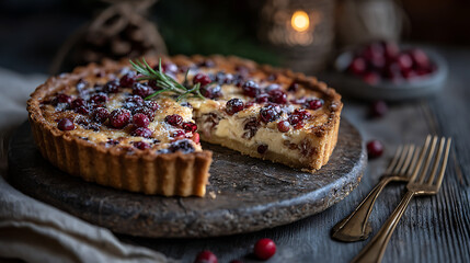 A beautifully arranged cranberry tart sits on a wooden board. The tart features a golden crust topped with fresh cranberries and herbs. Soft lighting enhances the cozy atmosphere.