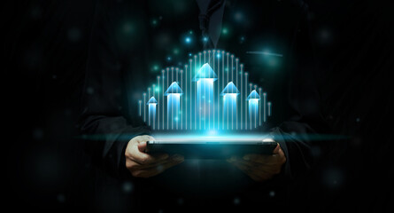 Data upload with Cloud and edge computing technology concepts with cybersecurity data protection.