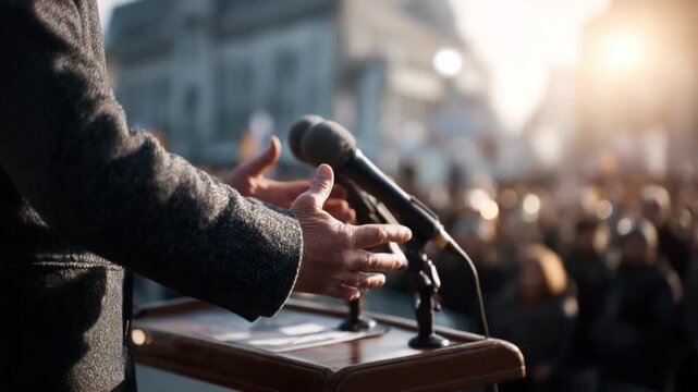 Words of Influence: A speaker passionately addresses a crowd, their hands gesturing emphatically as they deliver a compelling message of leadership and empowerment.