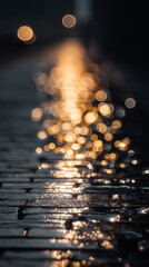 water reflection in water on cobblestone street vertical mobile background gold blue