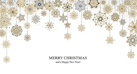 Elegant golden and silver snowflakes hanging on strings against a bright white background creating a festive holiday greeting with intricate details