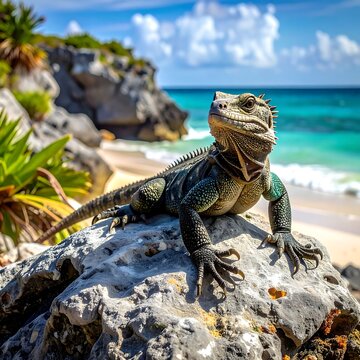 A large reptile sits atop a rock, sunning itself. Turquoise water and a sandy beach make up the backdrop. The sky is bright blue