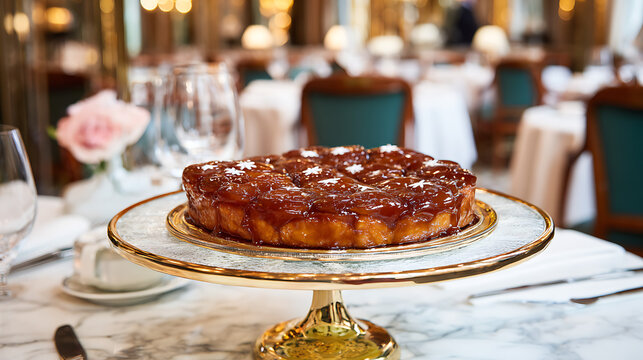 A stunning caramelized apple tart is showcased on a golden pedestal in a refined dining area. Elegant tables and vintage decor create a warm atmosphere for an upscale meal.