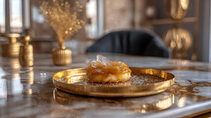 A beautifully presented dessert sits on a golden tray, featuring caramelized fruit, on an elegant marble table in a stylish restaurant filled with soft lighting and decor.