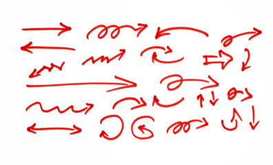 Set of hand-drawn red marker or crayon arrows and pointers. Straight pointers, curved lines, spirals, jagged scribbles, and thick, angular shapes. For emphasis, highlighting, direction, notes. PNG