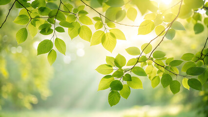 Fresh green leaves with sunbeams and bokeh background.